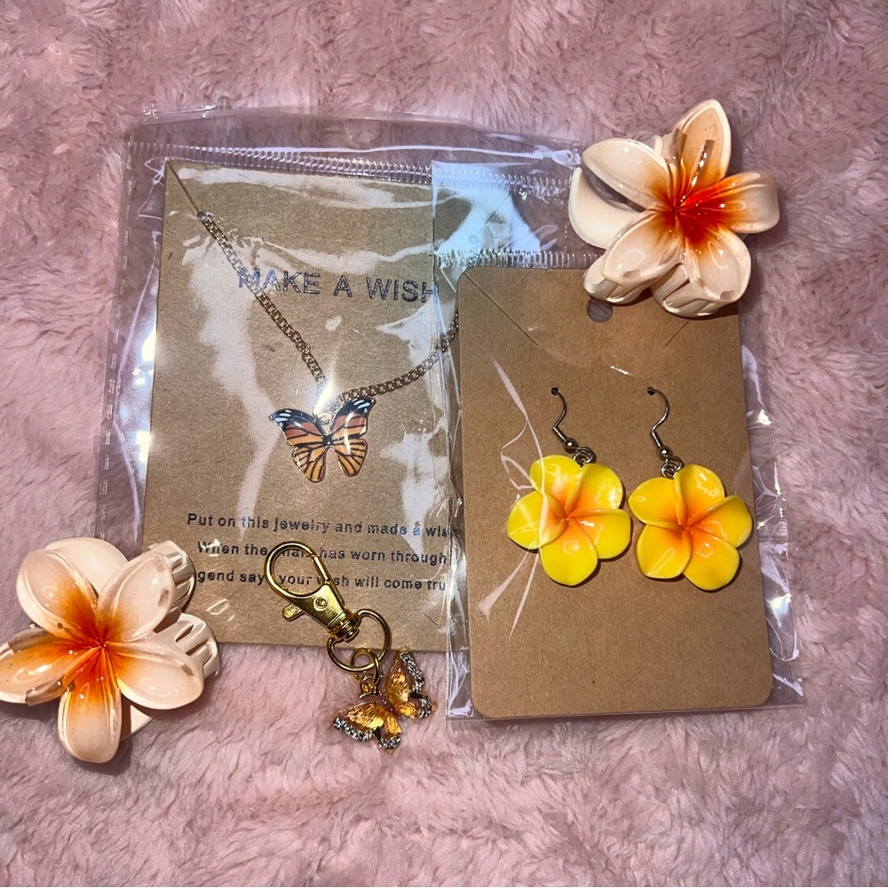 Make A Wish - Butterfly Neckline, Keychain, Hawaiian Mini Clips and Earrings Set